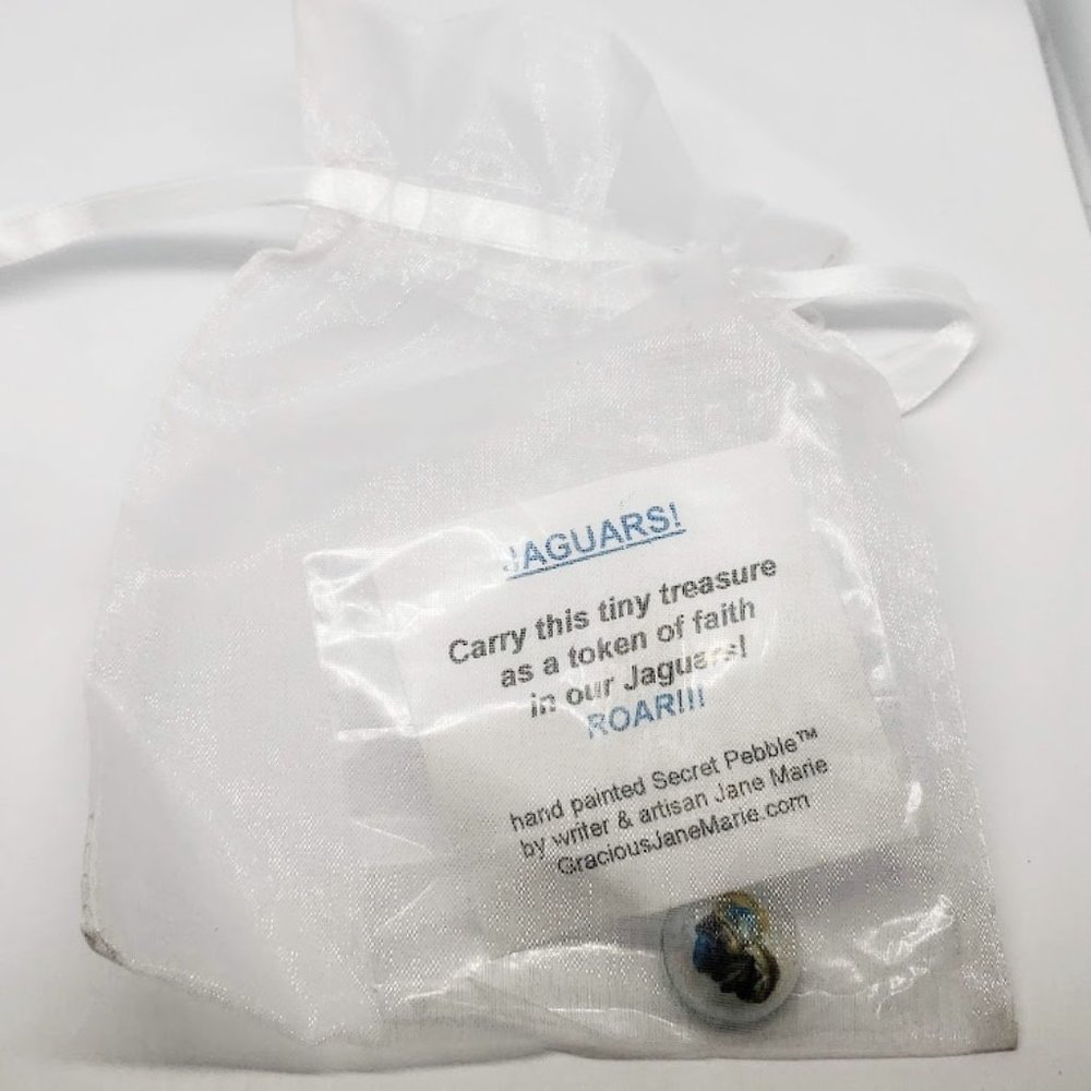 Jaguars stone handpainted heart glass pebble with note w/ bag artisan Jane Marie